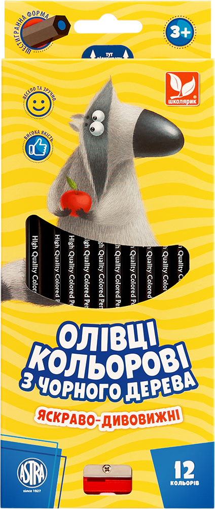 Олівці кольорові шестигранні з чорного дерева + чинка,...
