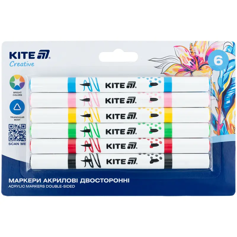 Маркери акрилові двосторонні Kite Creative (6 кольорів)