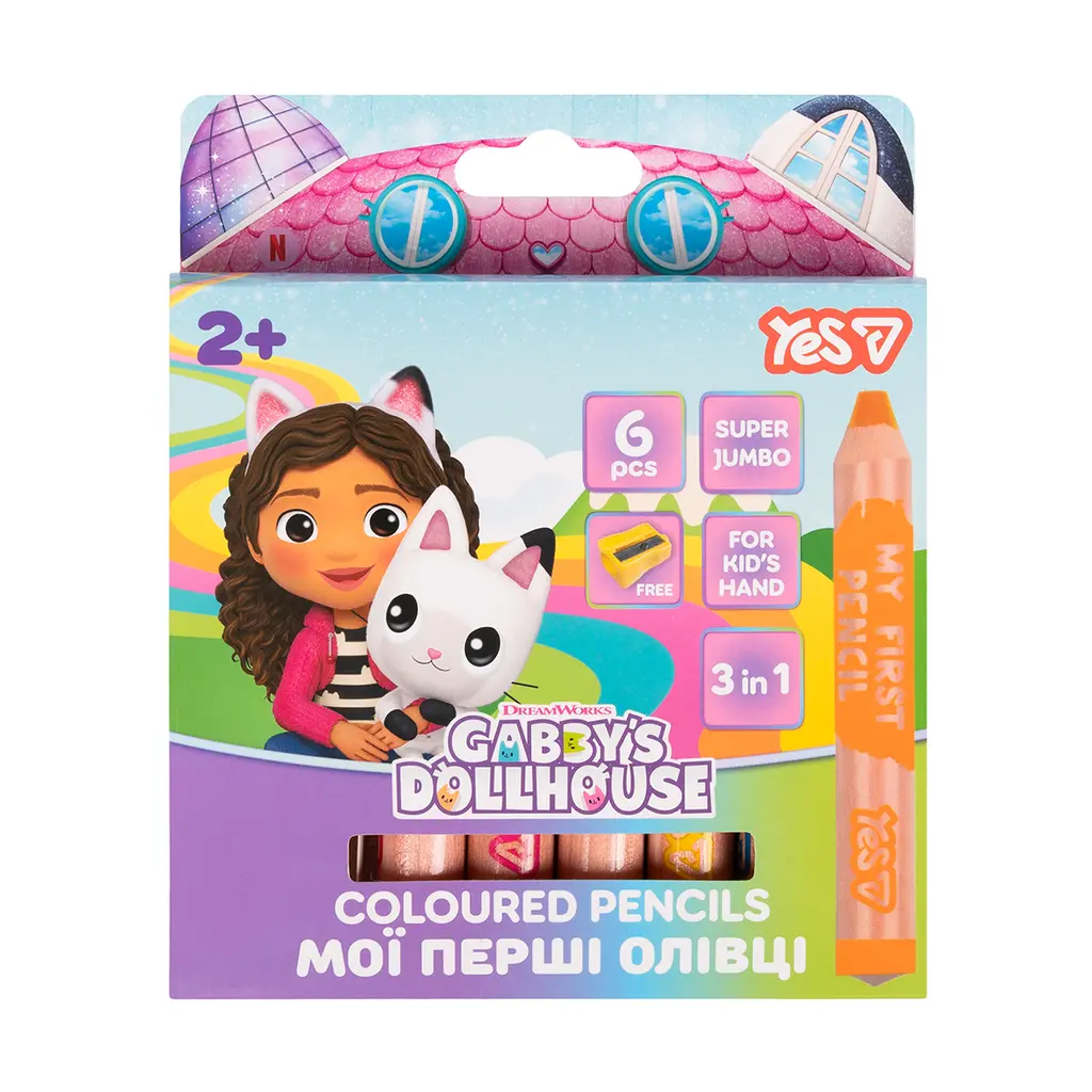 Обкладника "Олівці кольорові YES Gabby Dollhouse 3 в 1 SUPER JUMBO з точилкою, 6 кольорів" Обкладинка "Олівці кольорові YES Gabby Dollhouse 3 в 1 SUPER JUMBO з точилкою, 6 кольорів"